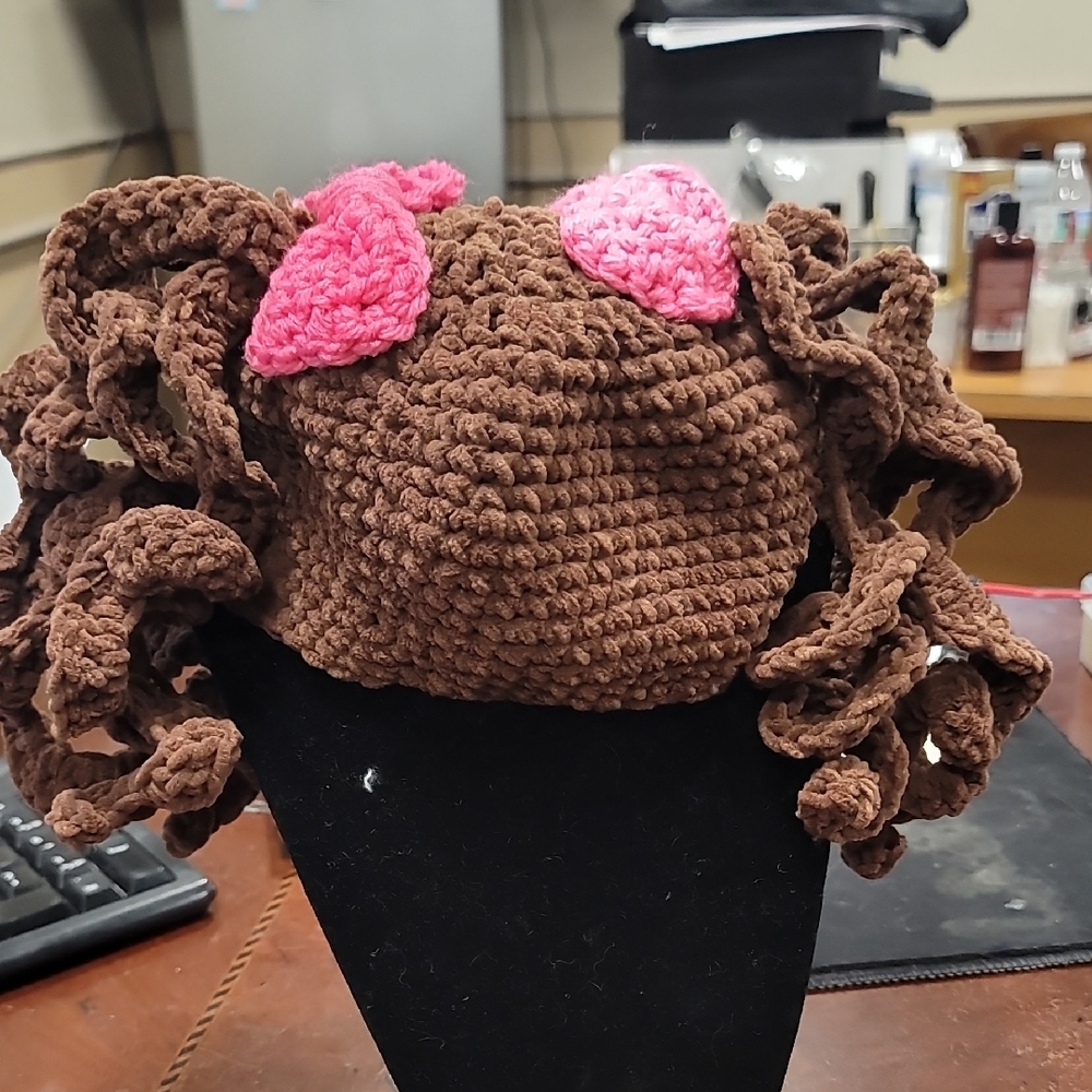 Brown Crochet Hat with Pink Accents